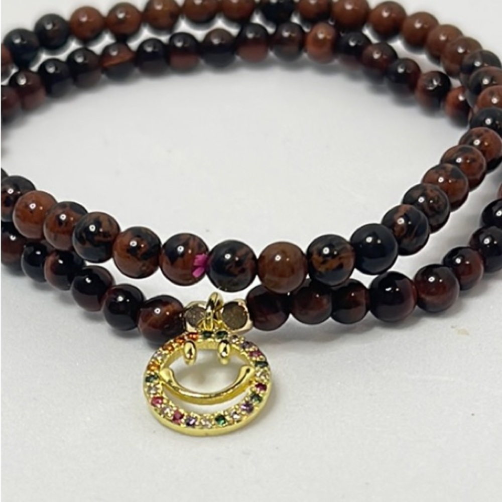 Brown and Black Red Obsidian Beaded Bracelet stack  with Gold Smiley Charm